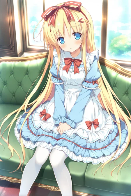 masterpiece,best quality,amazing quality,highres,scenery,newest,1girl,official style,anzu, blonde hair, blue eyes, hair ornament, long hair, hairclip,anzu alice, dress, pantyhose, white pantyhose, bow, alice \(alice in wonderland\), ribbon, apron, hair bow, red bow, blue dress, hair ribbon,<lora:anzu-000026:1>,indoors,bedroom,sofa,smile, looking at viewer,sitting,hand on lap