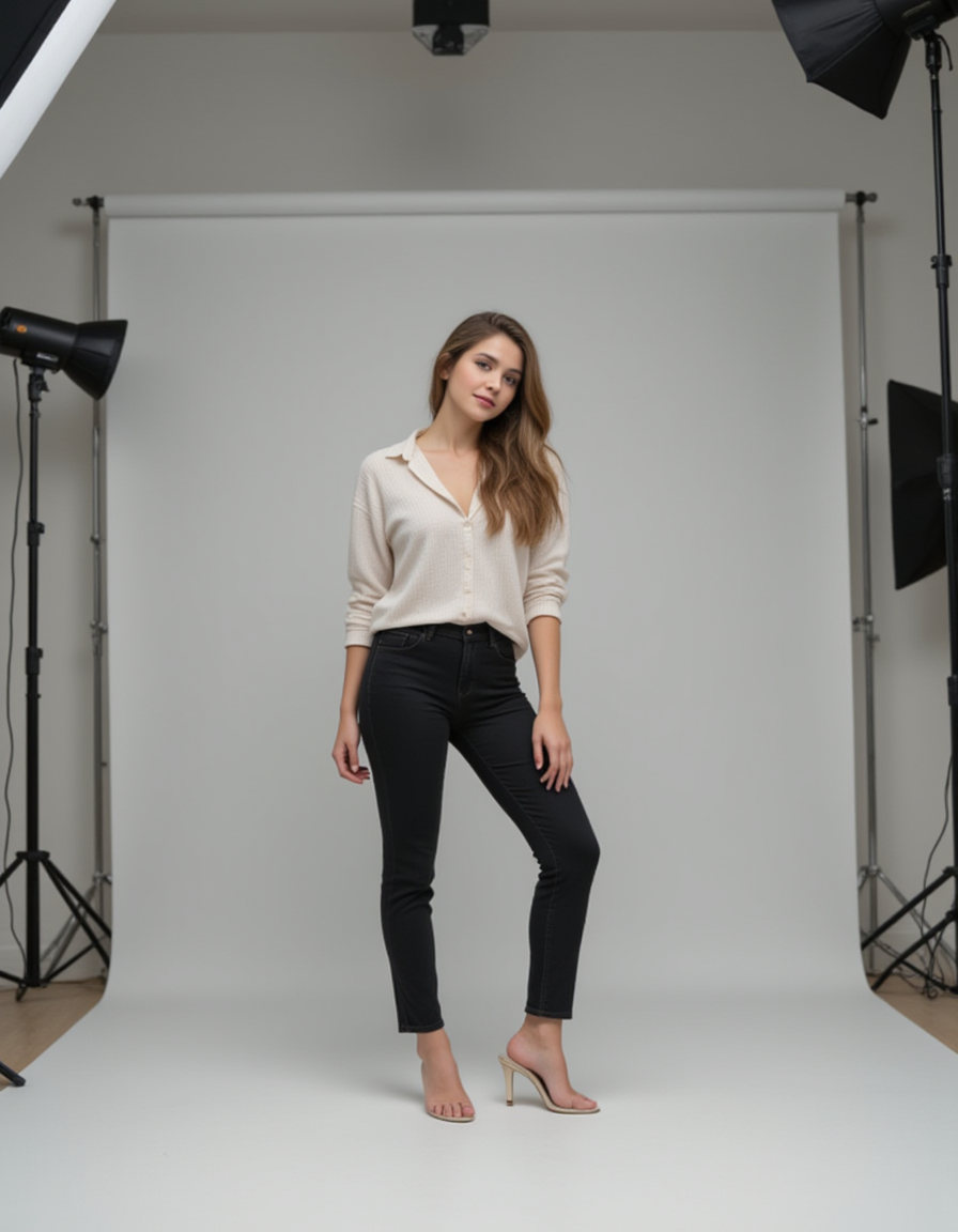 Full body shot of a woman in a photography studio, standing in a casual yet confident pose, with studio lights casting soft shadows. The setup emphasizes her entire outfit and natural stance, showcasing her style.