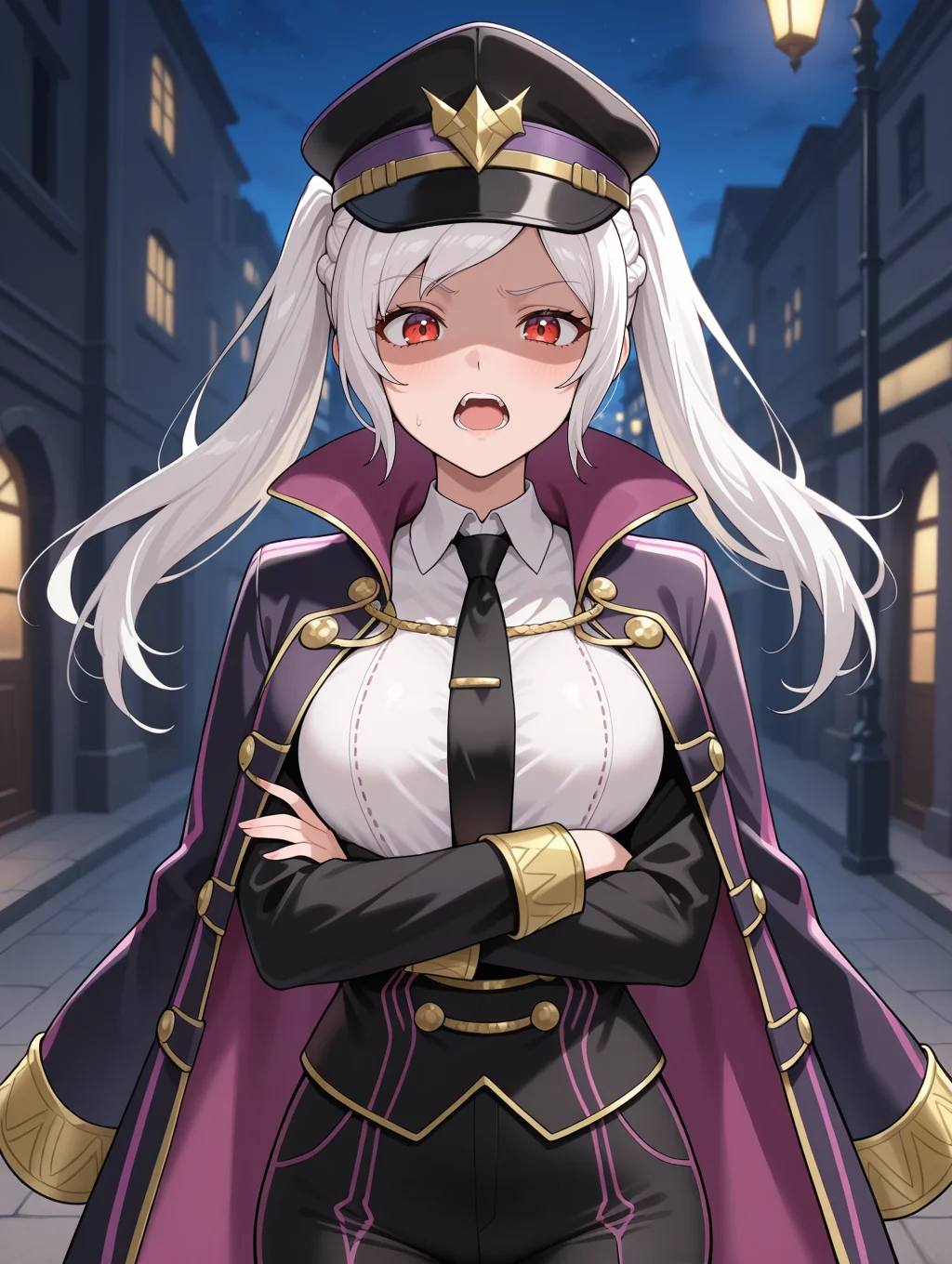 masterpiece, best quality, amazing quality, 1girl, RobFellTact, red eyes, white hair, twintails, official alternate costume, robin \(female\) \(fire emblem\), gold trim, grima \(fire emblem\), black hat, white shirt, black jacket, black necktie, mafia, looking at viewer, raised eyebrow, teeth, jewelry, black pants, open mouth, shaded face, arms crossed, Night, streets, absurdres, volumetric lighting, high res, very aesthetic, dramatic lighting, anime coloring,