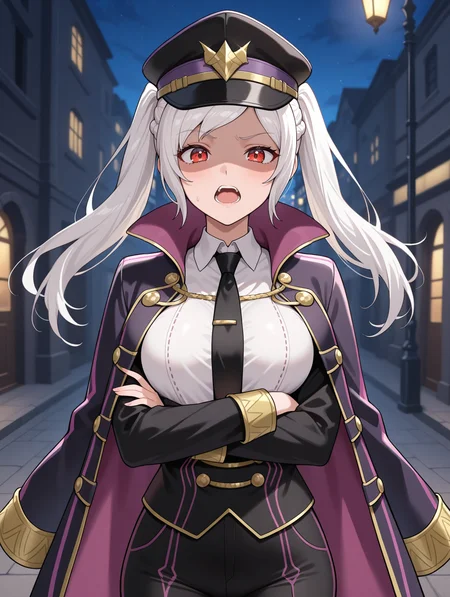 masterpiece, best quality, amazing quality, 1girl, RobFellTact, red eyes, white hair, twintails, official alternate costume, robin \(female\) \(fire emblem\), gold trim, grima \(fire emblem\), black hat, white shirt, black jacket, black necktie, mafia, looking at viewer, raised eyebrow, teeth, jewelry, black pants, open mouth, shaded face, arms crossed, Night, streets, absurdres, volumetric lighting, high res, very aesthetic, dramatic lighting, anime coloring,