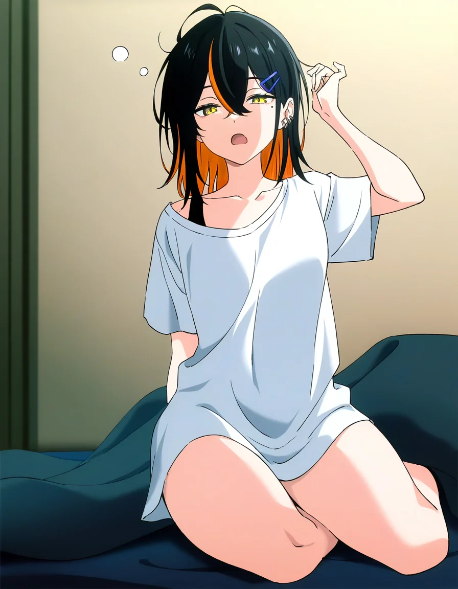simple background,looking at viewer,full body,open mouth,pajamas,armpit cutout,thighs,bed,bedroom,
<lora:naina_noob:0.6>,naina,1girl,solo,black hair,multicolored hair,hairclip,hair ornament,yellow eyes,blonde hair,mole under eye,mole,ear piercing,collarbone,medium hair,hair between eyes,piercing,bangs,orange hair,streaked hair,two-tone hair,jewelry,anime screencap,sleepy,
masterpiece,best quality,very aesthetic,absurdres,
