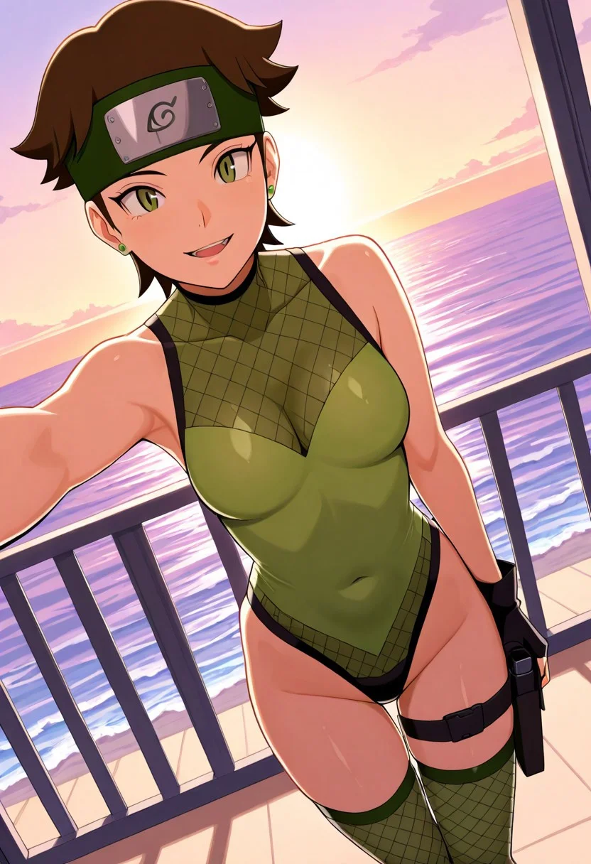 score_9, score_8_up, score_7_up, score_6_up, source_anime, BREAK, 1girl, solo, (( <lora:izuno_wasabi:1> , izuno_wasabi, beautiful olive-green eyes, clear eyes, bright pupils, beautiful eyes, thin waist, wide hips, beautiful skin, beautiful tousled short brown hair, medium breasts, natural beauty, extraordinary beautiful woman, attractive woman, super sexy woman, lustful body, sexy woman with seductive obscene body, sensual body, voluptuous body, sexy beauty, )) , ((konohagakure olive-green forehead protector headband with dark grey konoha symbol, cut-out erotic neon-green fishnet leotard, neon-green fishnet thighhighs, black fingerless gloves, holster, green stud earrings, )) , looking at viewer, mediterranean, ocean, balcony, backlighting, decorations, parted lips, open mouth, dutch angle, selfie, beautiful smile,