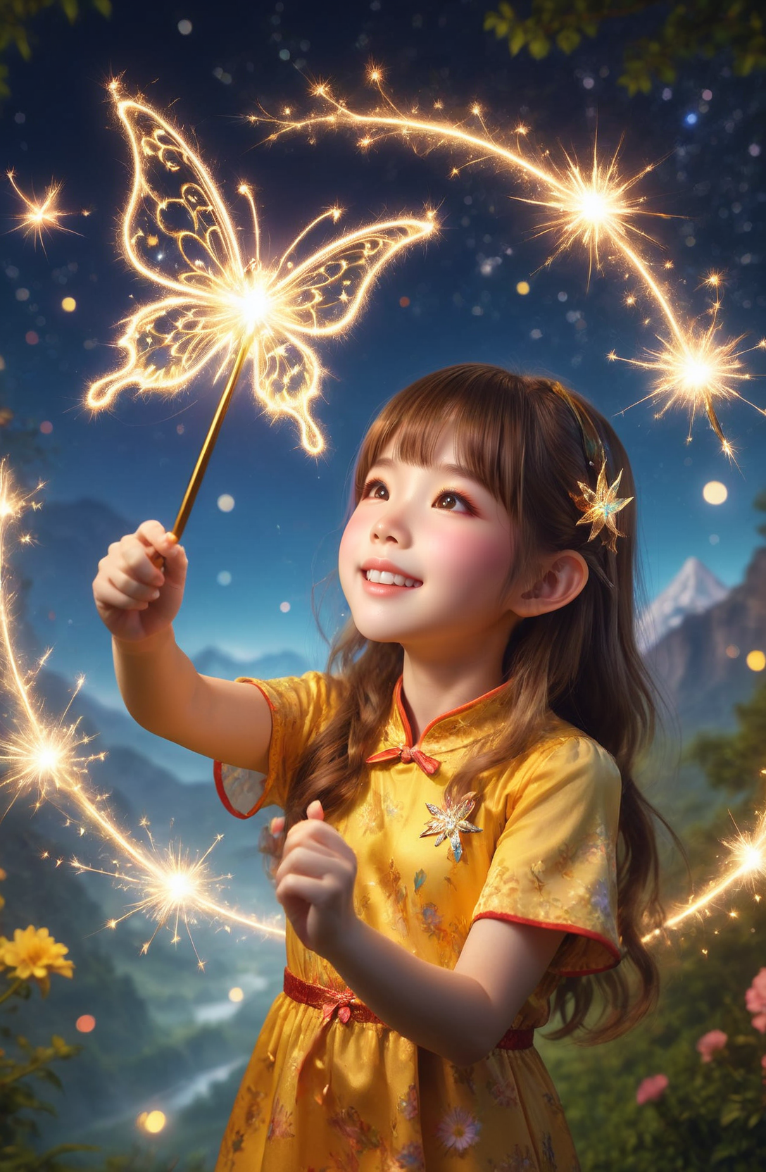 amazing quality, masterpiece, best quality, hyper detailed, ultra detailed, UHD, DOF, depth of field, HDR, perfect anatomy
solo, cute, kawaii, brown hair, joyfully plays with fairy wand, waving it in the air, ( blond hair:1.2), wearing  (yellow:1.2) cheongsam, 
an elf butterfly above the fairy wand, translucent, dazzling, shine, sparking, trajectory of sparks, star sky,( milky way:1.2),
on mountain top, wide-angle lens, garden, flowes,
<lora:cfc-spark-dragon-000006:0.65>, 
<lora:add-detail-xl:0.8>,
<lora:extremely_detailed:0.8>, extremely detailed,
<lora:EnvyBetterHiresFixXL01:1.0>, 
 SK_Fantasy,