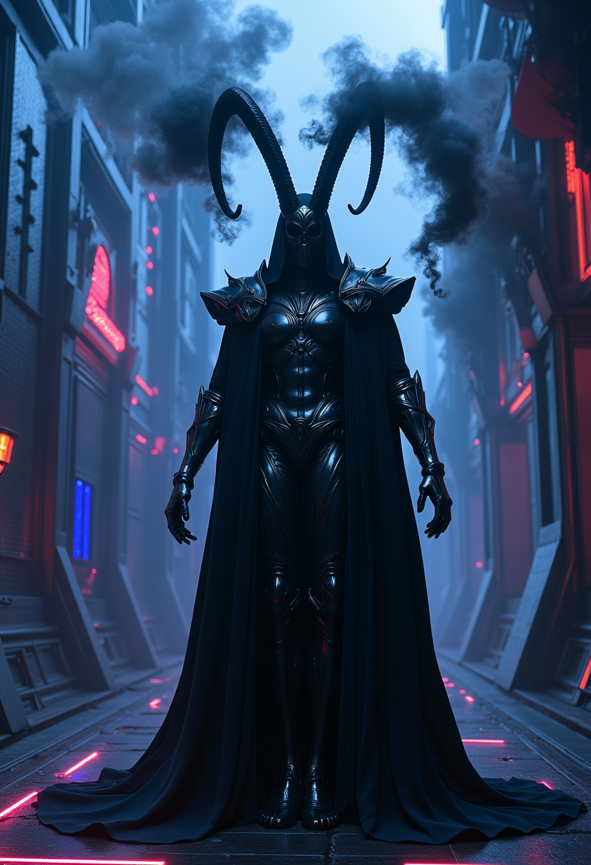 The photograph captures a haunting yet ethereal masterpiece blending the dark fantasy aesthetics of Mark Ryden with the futuristic style of Syd Mead. The scene is set in a shadowy, twilight realm where the line between reality and dreams blurs.At the center of the frame stands a figure embodying the Grim Reaper Arubis: a fearsome yet elegant entity adorned in intricate armor and an ancient cloak that billows like dark smoke. The figure's pose is dramatic and visually striking—a blend of Mark Ryden’s enigmatic expressionism and Syd Mead’s sleek, angular design.The shooting angle is from a low vantage point, looking up at the figure to emphasize its imposing height and ominous presence. This perspective not only draws attention to the towering figure but also imbues it with an air of otherworldly mystery. The viewer feels dwarfed by this spectral being, adding to the sense of awe and dread.Surrounding the figure are futuristic elements inspired by Syd Mead’s work: neon lights flicker in hues of deep blues and purples, casting an eerie glow that accentuates the shadowy details of Arubis's armor. In the background, geometric shapes and metallic surfaces create a dystopian landscape, further enhancing the sense of a surreal and menacing environment.The overall composition is balanced yet dynamic, with the dramatic lighting and unusual perspective creating a visually impactful and emotionally resonant image. The viewer is drawn into this shadowy realm, where Mark Ryden’s dark fantasy meets Syd Mead's futuristic vision in a captivating and haunting masterpiece.    HD32K, hyperdetailed, best quality, aidmaMJ6.1.