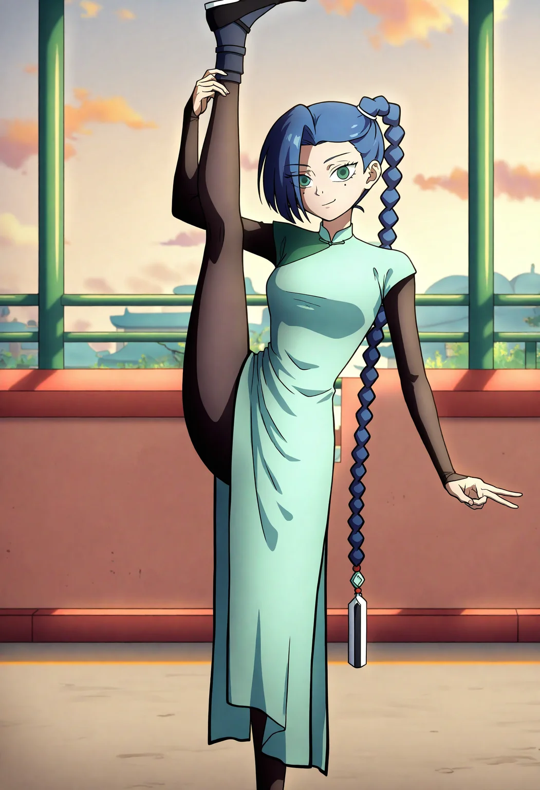 1girl,illustration.media, 
thirteen \(scissor seven\),
,scissor seven \(style\),anime coloring,
solo,full body,black pants, black socks,black footwear, china dress,outdoors,side ponytail,very long braid,mole under eye,two mole,green eyes,single braid,braided ponytail,asymmetrical bangs,blue hair,mole, light smile, pelvic curtain,black footwear,braid,medium breasts,breasts,pantyhose,looking at viewer, long dress, dress,long sleeves,chinese clothes, standing split, v,
this work is part of the 'scissor seven' series,featuring a character named thierteen. thirten is a young woman with blue hair and green eyes. she has a mole under each of her eyes. thirten is wearing a tight fitting blue-green dress with a high neckline,which is a chinese style cheongsam.
safe,very awa,masterpiece,best quality,amazing quality,very aesthetic,absurdres,highres,newest,year 2024,
<lora:frz_wlq_v3_d_v3_noobaiXLNAIXLV101:1>