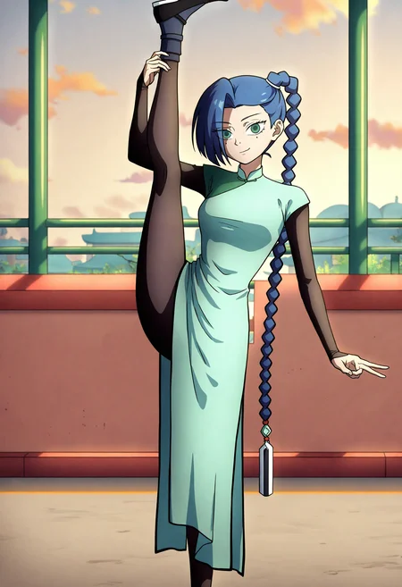 1girl,illustration.media, 
thirteen \(scissor seven\),
,scissor seven \(style\),anime coloring,
solo,full body,black pants, black socks,black footwear, china dress,outdoors,side ponytail,very long braid,mole under eye,two mole,green eyes,single braid,braided ponytail,asymmetrical bangs,blue hair,mole, light smile, pelvic curtain,black footwear,braid,medium breasts,breasts,pantyhose,looking at viewer, long dress, dress,long sleeves,chinese clothes, standing split, v,
this work is part of the 'scissor seven' series,featuring a character named thierteen. thirten is a young woman with blue hair and green eyes. she has a mole under each of her eyes. thirten is wearing a tight fitting blue-green dress with a high neckline,which is a chinese style cheongsam.
safe,very awa,masterpiece,best quality,amazing quality,very aesthetic,absurdres,highres,newest,year 2024,
<lora:frz_wlq_v3_d_v3_noobaiXLNAIXLV101:1>