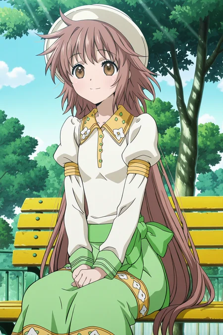 anime screencap, anime coloring, detailed face, masterpiece, best quality, very aesthetic, absurdres, volumetric lighting, official style, amazing quality, ultra detailed, highres, amazing quality, scenery, beautiful detailed hair, beautiful detailed eyes,
<lora:StS-Illustrious-Detail-Slider-v1.0:4>
<lora:Kobato_Hanato_Kobato.:1>
outdoors, trees, sky, day,
Kobato Hanato (character), 1girl, long hair, brown hair, bench, brown eyes, solo, hat, park bench, sitting, green skirt, smile