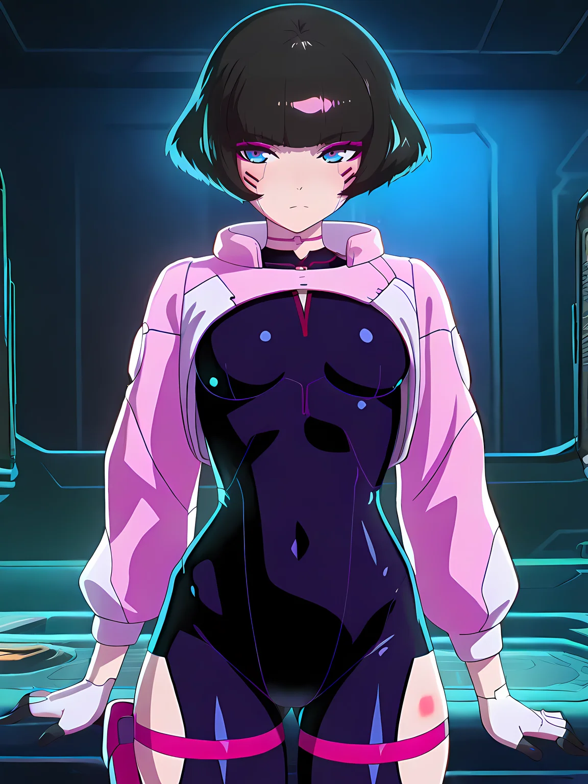 (masterpiece, very aesthetic, absurdres, best quality, high quality, cinematic shadow:1.4), body blush,character focus,perfect hands, small breasts,sidelocks, cowboy shot, <lora:HandFixer_pdxl_Incrs_v1:1> handfixer,looking at viewer,<lora:StS-Illustrious-Detail-Slider-v1.0:4>, <lora:sasha:1>,sasha,cyborg,short hair,bangs, black hair, makeup, blue eyes,sashadress,shrug \(clothing\), pink jacket, bob cut, black bodysuit, hip vent, white gloves, thigh holster, thigh strap,cybernetic,