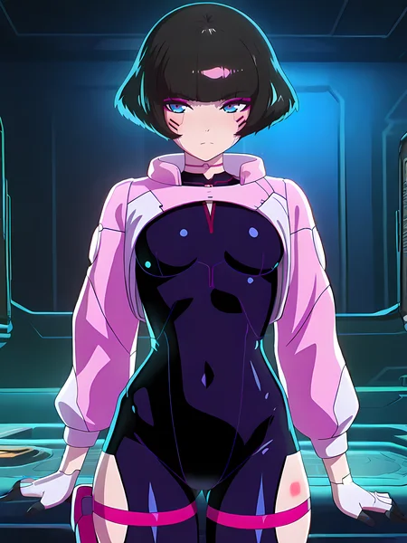 (masterpiece, very aesthetic, absurdres, best quality, high quality, cinematic shadow:1.4), body blush,character focus,perfect hands, small breasts,sidelocks, cowboy shot, <lora:HandFixer_pdxl_Incrs_v1:1> handfixer,looking at viewer,<lora:StS-Illustrious-Detail-Slider-v1.0:4>, <lora:sasha:1>,sasha,cyborg,short hair,bangs, black hair, makeup, blue eyes,sashadress,shrug \(clothing\), pink jacket, bob cut, black bodysuit, hip vent, white gloves, thigh holster, thigh strap,cybernetic,