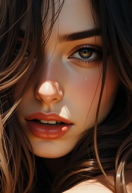 there is a close up of a woman's face with long hair, beautiful photorealistic imagery, hyper realistic digital art, hyper realistic photography, ultra realistic digital painting, hyper realistic digital painting, hyper-realistic photography, hyperrealistic digital painting, hyperrealistic digital art, ultrarealistic digital art, ultra-realistic digital art, highly realistic digital art, hyper realistic photograph