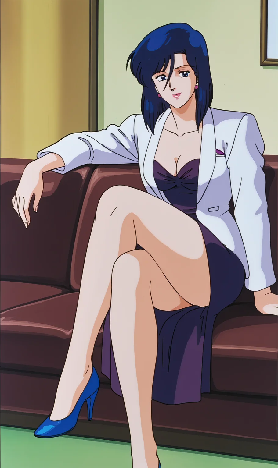 SN, 1girl, solo, retro artstyle, blue hair, blue eyes, lipstick, white blazer, dark purple dress, legs crossed, sitting, on couch, blue heels, looking at viewer, smile, <lora:Saeko Nogami Pony XL:0.8>