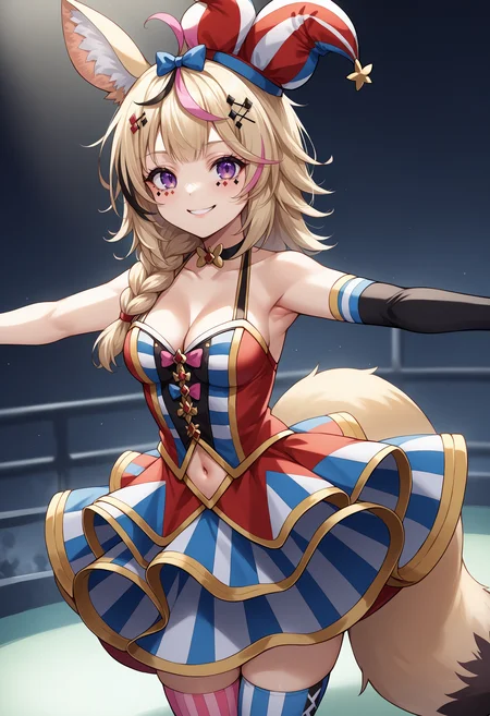 score_9, score_8_up, source_anime, 1girl, solo, PolkaBase, streaked hair, fox ears, facial mark, long hair, side braid, purple eyes, jester cap, tilted headwear, blue hair bow, hair ornament, bow choker, striped dress, multicolored dress, navel cutout, cleavage, bare shoulders, elbow glove, single glove, striped thighhighs, fox tail, on stage, spread arms, :d, smile, <lora:ChamOmaruPolkaPonyXL:1>