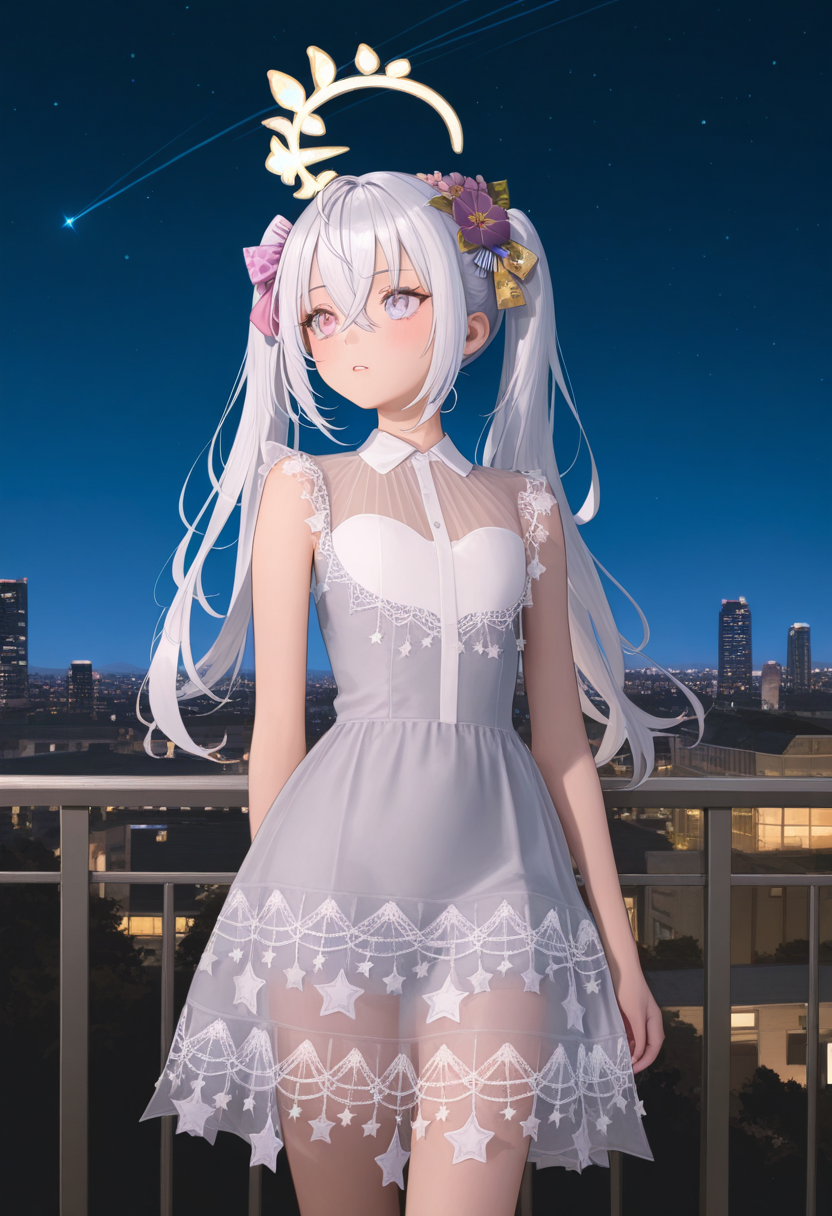 masterpiece,best quality,ultra high res,photorealistic,8K UHD,hyper-detailed,
1girl,solo,
Shirasu Azusa
halo,long hair,white hair,hair ornament,hair flower,purple flower,hair between eyes,crossed bangs,pink eyes，
Komako Semenobitch,white hair, twintails, blue_eyes,flat chest, short body,
sleeveless star print dress,
star \(symbol\),see-through,ribbon,short_dress, 
cowboy_shot,
(cityscape:0.7),blustar_sky, 
standing,night,looking_at_another,(looking up:0.7),   

 






