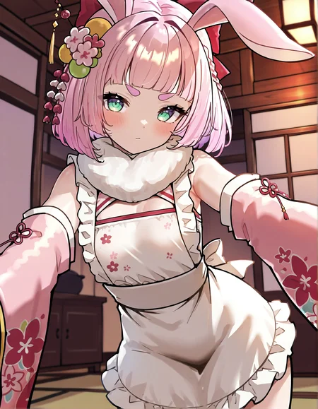 masterpiece, perfect quality, best quality, absolutely eye-catching, absurdres, highres, newest, indoors, <lora:unosakuraillustriousXL:1>, 1girl, unosakurany, solo, small breasts, cowboy shot, dynamic pose, apron, fur scarf,