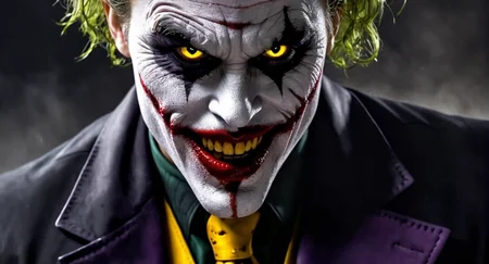 Dark Fantasy Art of  <lora:Sin City:1> 
The Joker in a black costume with yellow eyes and vampire fangs teeth and bloody lips sin city style, dark, moody, dark fantasy style