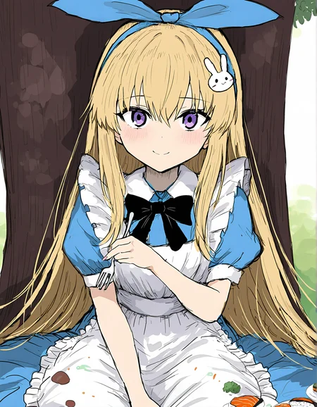 sushi yuusha toro, 1girl, blonde hair, long hair, solo, puffy short sleeves, short sleeves, hair ornament, fork, puffy sleeves, smile, dress, closed mouth, blush, blue dress, tree, purple eyes, alice (alice in wonderland), holding fork, holding, very long hair, apron, bow, hairband, hair between eyes, sensitive, food, white apron, black bow, ribbon, rabbit hair ornament, sketch, looking at viewer, sitting, collared dress, hair ribbon, frills, blue hairband, fingernails, frilled apron, day, black ribbon, against tree, black bowtie, outdoors
very awa, masterpiece, best quality, year 2024, newest, highres, absurdres, <lora:black-souls-style-noobai-vpred10-timestep2:1>