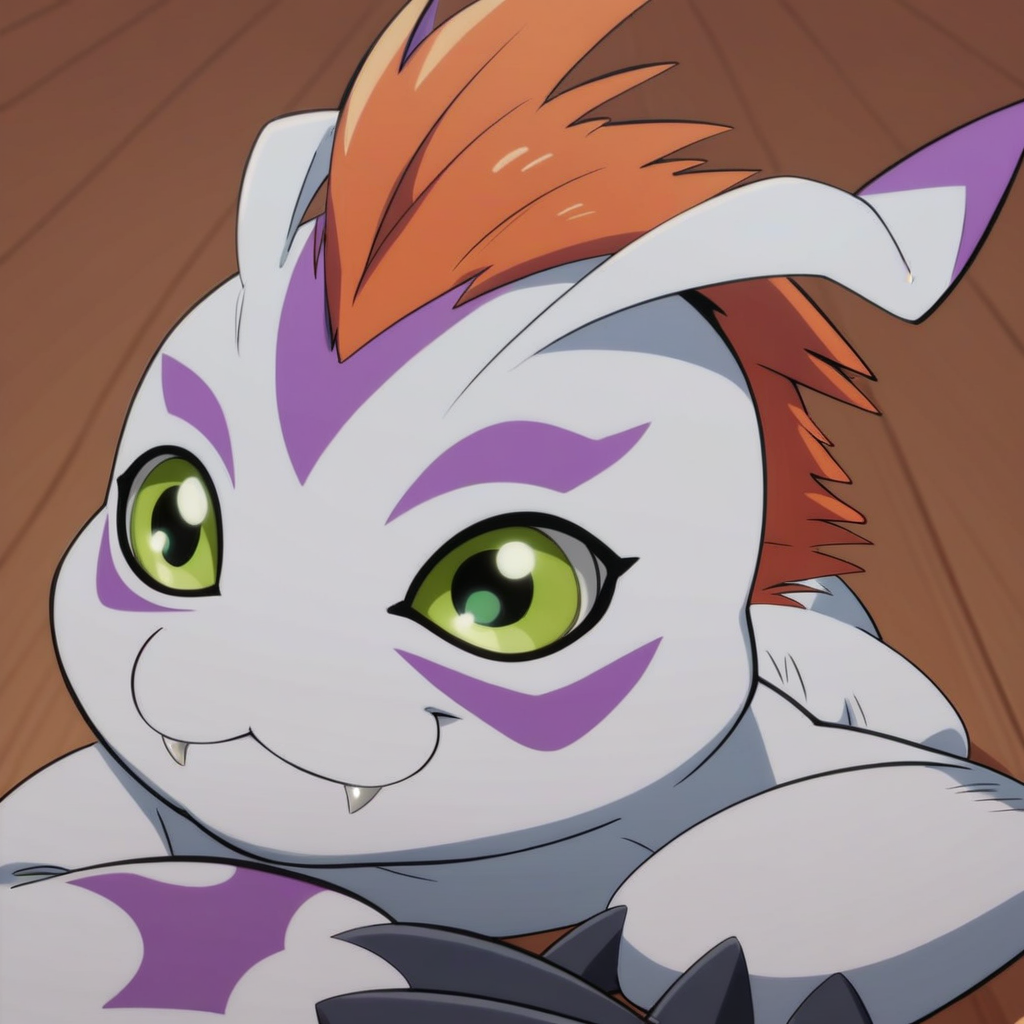 score_9, score_8_up BREAK Gomamon, digimon, solo, facing front, orange hair, green eyes, smile, fangs, closed mouth, claws, laying