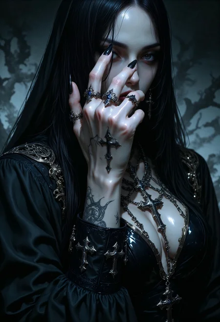 An1meL1nes, (amazing transcendental's dream:3.5) The photo depicts a powerful gothic sorceress, her face partially hidden by her elegantly adorned hand. She has pale, slender fingers, on which several silver magical rings, set with dark gemstones like onyx and amethyst, glimmer. Her hand is decorated with mysterious tattoos that seem to pulse with a dark energy.She wears a gothic ensemble, a black velvet dress richly embroidered with occult patterns. Her long black hair frames her pale face, and her eyes, accentuated with dark makeup, shine with an intense light. Large silver necklaces, with pendants shaped like crosses and ancient symbols, rest on her chest. The background is misty, with shadows dancing around her, enhancing the mystical and sinister atmosphere of the scene, (maximum ultra high definition image quality and rendering:3), maximum image detail, maximum realistic render, (((ultra realist style))), realist side lighting, , 8K high definition, realist soft lighting, (amazing special effect:3.5). <lora:FluxMythAn1meL1nes:1>