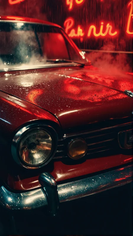 Close-up of a vintage car hood under heavy rain, droplets cascading down the deep cherry-red paint, windshield blurred with streaks of water, glowing headlights diffused through mist, reflections of crimson neon signage dancing across the wet chrome grille, steam rising from the engine, ambient red light enveloping the scene â moody composition, shallow depth of field, monochromatic red palette, cinematic lighting with glossy textures.
<lora:FluxDFaeTasticDetails:1>âââ