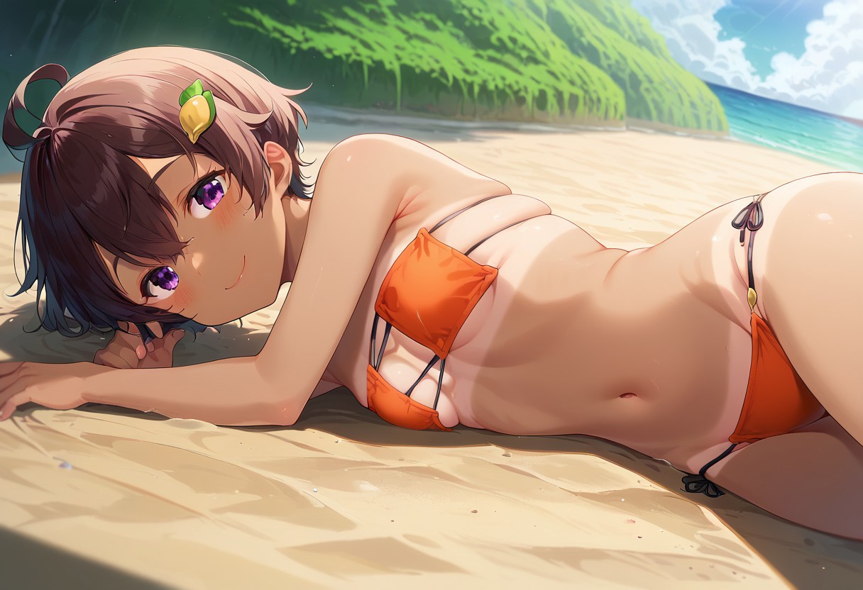 Solo, 1girl, female, young, yakishio remon, brown hair, short hair, ahoge, bangs, hair between eyes, hair ornament, food-themed hair ornament, purple eyes, small breast, dark skin, dark-skinned female, tan, tanlines, cute face, detailed eyes, slender body,  perfect anatomy, detailed skin, detailed eyes, detailed lips, perfect hands, perfect face, big smile, blush, BREAK bikini, eyepatch bikini, orange bikini,  BREAK laying side on ground, posing, V, outdoors, beach, colorful, day, looking at viewer, dutch angle, focus, BREAK ((ultra-detailed)), ((best quality)), ((best quality)), ((beautiful eyes)), ((extremely detailed)), 4K, (8K), best quality, (beautiful), Master piece, highres, score_9, score_8_up, score_7_up, score_6_up, score_5_up, score_4_up, colorful, best quality, official art, highres, masterpiece, nai3, god light, detailed background, high quality background,