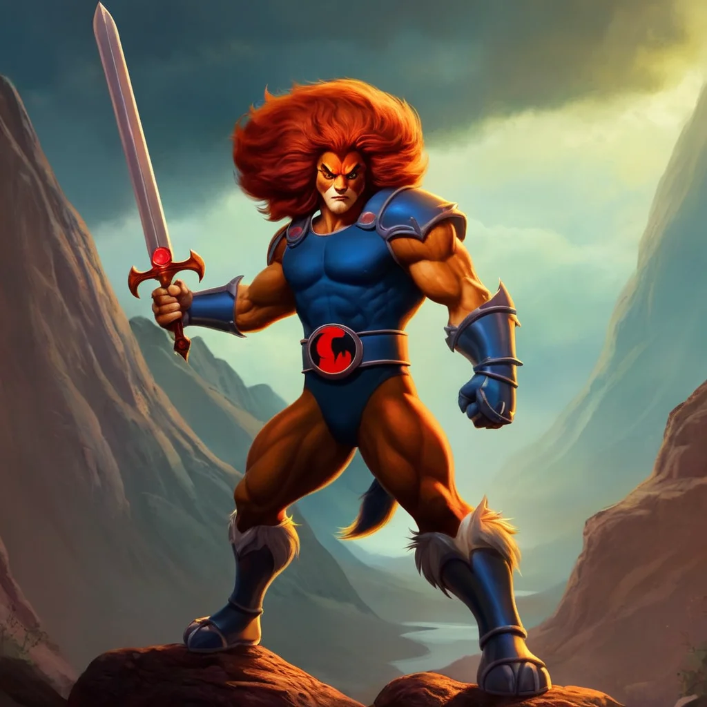 concept art of <lora:liono thundercats:1>
liono thundercats a cartoon character holding a sword and a Claw Shield glove, digital artwork, illustrative, painterly, matte painting, highly detailed