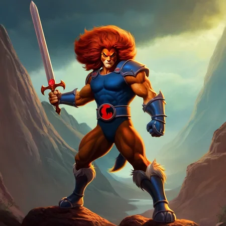 concept art of  <lora:liono thundercats:1>
liono thundercats a cartoon character holding a sword and a Claw Shield glove, digital artwork, illustrative, painterly, matte painting, highly detailed