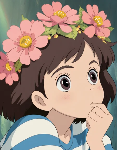 Studio Ghibli, hand-drawn animation style,
masterpiece, high score,
a cute girl, portrait,brown hair,flower crown,striped shirt,hand on mouth,big eyes,cute,
<lora:Ghibli_xl_v2:1>