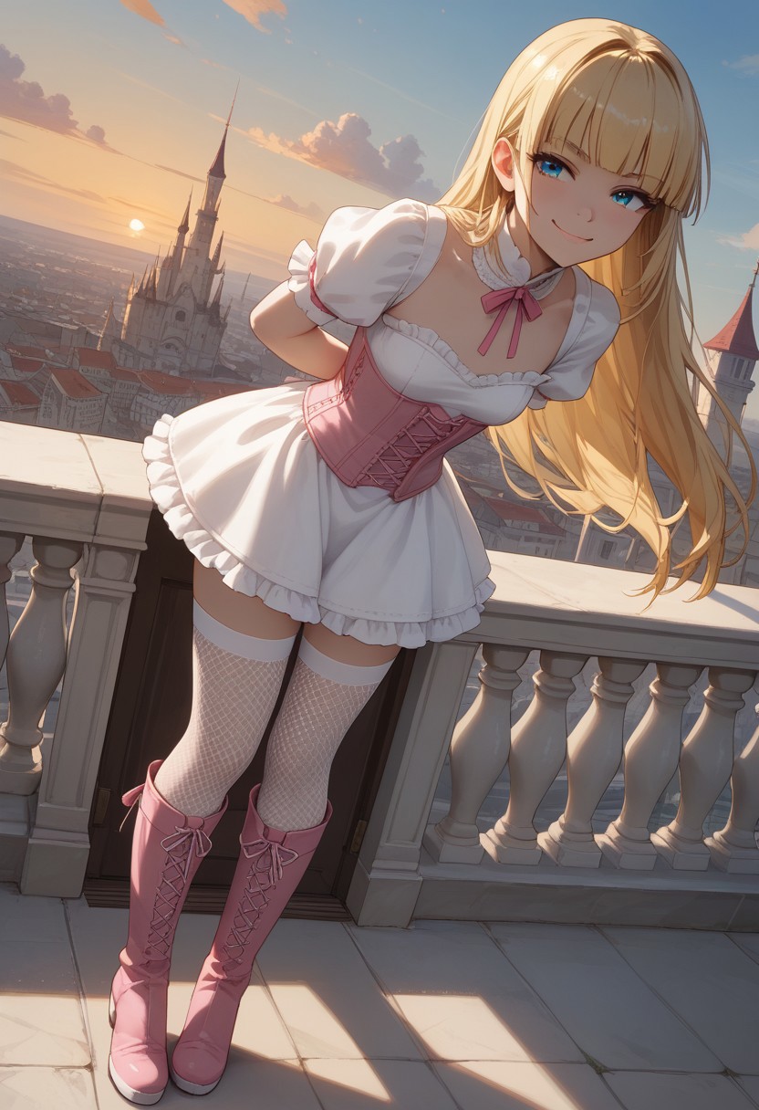 (score_9, score_8_up, score_7_up), 1girl, solo,( blonde hair), blue eyes, long hair, hime cut, long bangs, small breasts,  pink corset, frills, white dress, sunrise, 
(fishnet stockings, white legwear:1.2), rooftops, mansion, city, pink boots,
fisheye, (relaxed, dutch angle:1.2), knee boots,
(smug:1.2), leaning forward, full body shot, standing, hands behind back,