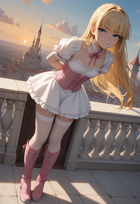 (score_9, score_8_up, score_7_up), 1girl, solo,( blonde hair), blue eyes, long hair, hime cut, long bangs, small breasts, pink corset, frills, white dress, sunrise,
(fishnet stockings, white legwear:1.2), rooftops, mansion, city, pink boots,
fisheye, (relaxed, dutch angle:1.2), knee boots,
(smug:1.2), leaning forward, full body shot, standing, hands behind back,