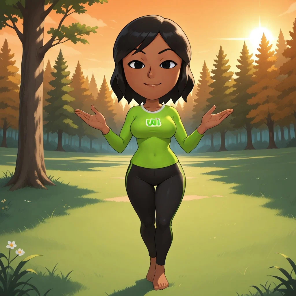 score_9, score_8, BREAK, solo, wii, mii, 1girl, female mii, wii sports, cute, adorable face, black hair, black eyes, black eyebrows, light green clothing, black pants, barefoot, dark skin, dark skin female, breasts, HaruWS, nintendo mii, modern_mii, classic_mii, tall, adult female, mature female, sexy pose, self portrait, smile, looking at viewer, outdoors, sunlight, shadows, evening lighting, natural lighting, forest, trees, grass, orange sky, sunset