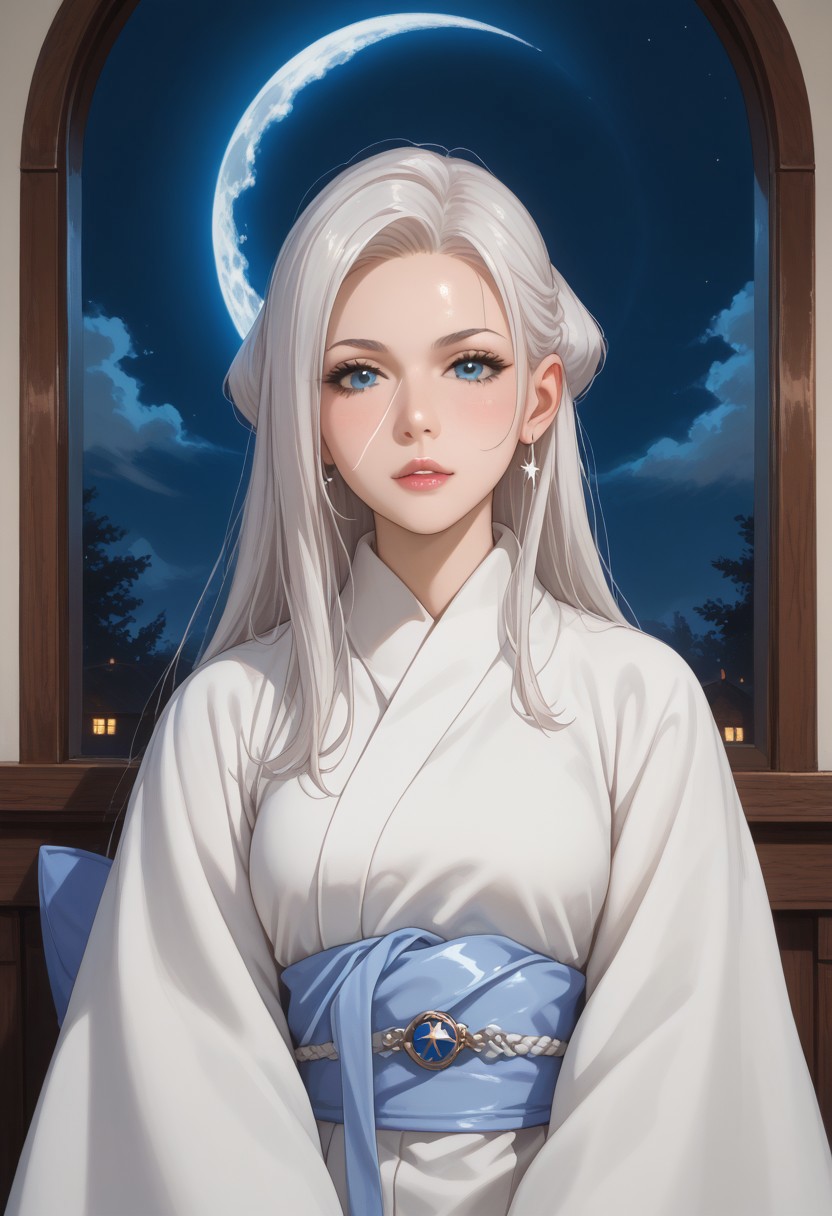 high quality, score_9, score_8_up, score_7_up, score_6_up, 
BREAK, (best quality), (ultra-detailed), (masterpiece), (perfect anatomy), a young woman with long white hair and blue eyes. She is sitting on a window sill with a full moon visible in the background. The woman is wearing a white robe with a blue star on the right side of her head. She has a thoughtful expression on her face and her hand is resting on her chin, as if she is deep in thought. The overall mood of the image is peaceful and serene
BREAK, Neon, anime character, motion_lines:1.1, best quality, ray_tracing, cowboy shot, motion blur,  positioning, pose, improved pose,body composition, facial expression, expression, ,Composition, foreshortening, positioning, pose, improved pose,body composition, facial expression, expression