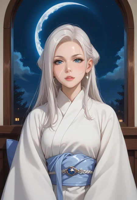 high quality, score_9, score_8_up, score_7_up, score_6_up, 
BREAK, (best quality), (ultra-detailed), (masterpiece), (perfect anatomy), a young woman with long white hair and blue eyes. She is sitting on a window sill with a full moon visible in the background. The woman is wearing a white robe with a blue star on the right side of her head. She has a thoughtful expression on her face and her hand is resting on her chin, as if she is deep in thought. The overall mood of the image is peaceful and serene
BREAK, Neon, anime character, motion_lines:1.1, best quality, ray_tracing, cowboy shot, motion blur,  positioning, pose, improved pose,body composition, facial expression, expression, ,Composition, foreshortening, positioning, pose, improved pose,body composition, facial expression, expression
