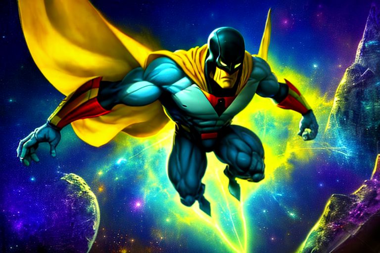 spaceghost, flying side, arms forward, SyFyEye1 alien city background, vibrant colors, side view, yellow cape