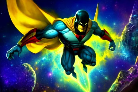spaceghost, flying side, arms forward, SyFyEye1 alien city background, vibrant colors, side view, yellow cape