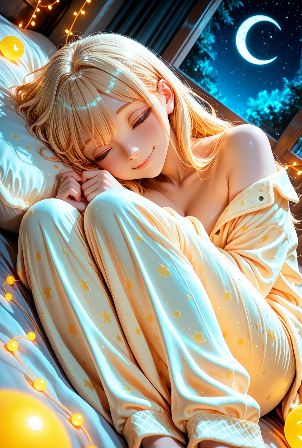 dreamy anime girl curled up sleeping inside a crescent moon cradle, surrounded by plush stars and constellations made of glowing string lights, floating gently through the night sky, peaceful smile, oversized pajamas, Dark, night, soft ambient glow, masterpiece, best quality, amazing quality, very aesthetic, absurdres, highres, newest, scenery, HDR, RTX, 8k. detailed eyes, perfect eyes, realistic eyes, HDR skin, volumetric shadows, soft glow, subsurface scattering, <lora:SLE_v2:0.5>, <lora:Smooth_Booster_v3:0.6>, SmoothNoob_Quality