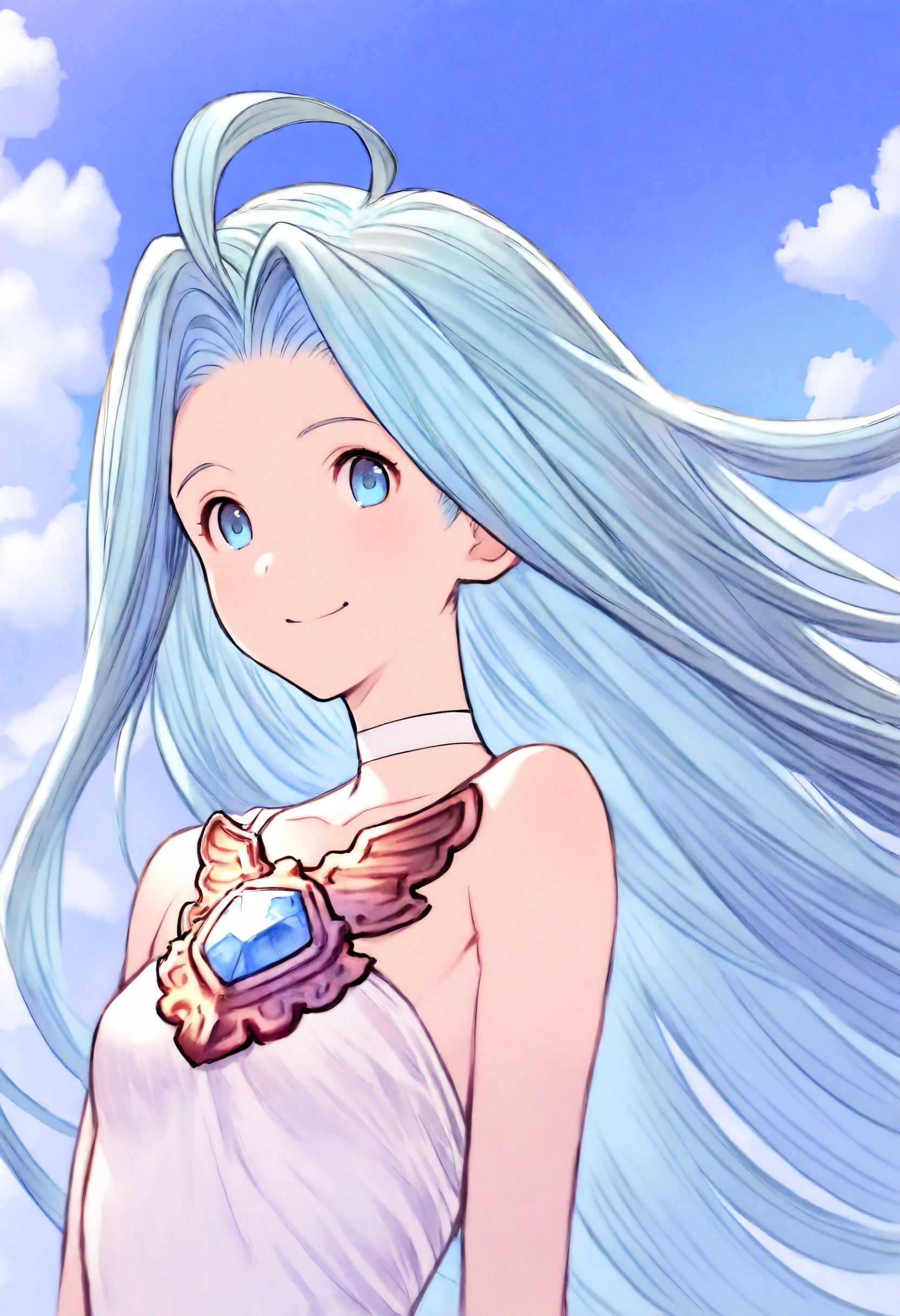 masterpiece, best quality, very aesthetic, absurdres, highly detailed, kyoto animation,
1girl, solo, upper body, smile, looking at viewer, floating hair, 
lyria \(granblue fantasy\), very long hair, blue hair, ahoge, white choker, bare shoulders, skinny, small breasts, white dress,
blue sky, cloud, 
<lora:Lyria_Granblue_Fantasy_Illustrious-XL:1>