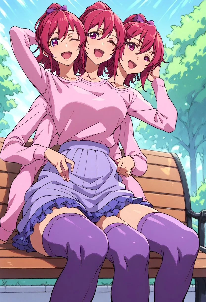 ((8arms, 3heads, humantaur, second body)), score_9, score_8_up, score_7_up, score_6_up, score_5_up, score_4_up, Aida Mana, pink eyes, pink hair, flipped hair, half updo, hair ribbon, pink shirt, undershirt, frilled skirt, frills,  ((( purple thighhighs))), fully clothed, casual, sitting on bench, hand in hair, hand on waist, looking at viewer, glad, happy, mouth closed, ((one eye closed)), outdoors, park,  [shadows], light rays, Expressiveh, [dynamic angle], [low angle]