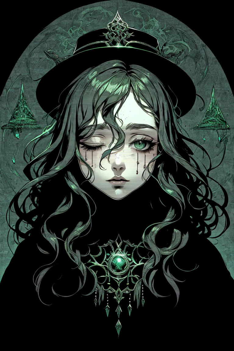 best quality, masterpiece, 1 girl, adult woman, green eyes, dark brown beach waves hair, ombre, focus on character, solo, solo, half shot, detailed face, <lora:DonMD34thM4g1c:0.6>, DonMD34thM4g1c theme, spirit explorer, 10%(eyes closed:1.05), (haunting despair,:1.05), red 3%intricate vestments, hat, enshrouded in an ethereal mist, 10%encircled with ornate patterns, wireless-charging threads interwoven with the fabric, light green color scheme, 7%(simple dark green background:1.1),