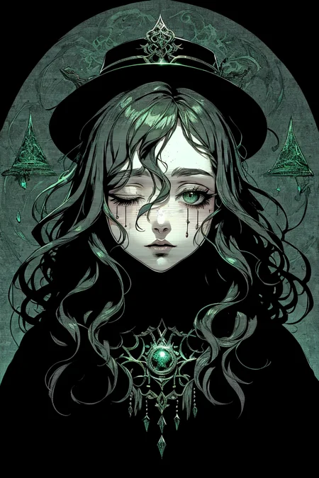 best quality, masterpiece, 1 girl, adult woman, green eyes, dark brown beach waves hair, ombre, focus on character, solo, solo, half shot, detailed face, <lora:DonMD34thM4g1c:0.6>, DonMD34thM4g1c theme, spirit explorer, 10%(eyes closed:1.05), (haunting despair,:1.05), red 3%intricate vestments, hat, enshrouded in an ethereal mist, 10%encircled with ornate patterns, wireless-charging threads interwoven with the fabric, light green color scheme, 7%(simple dark green background:1.1),