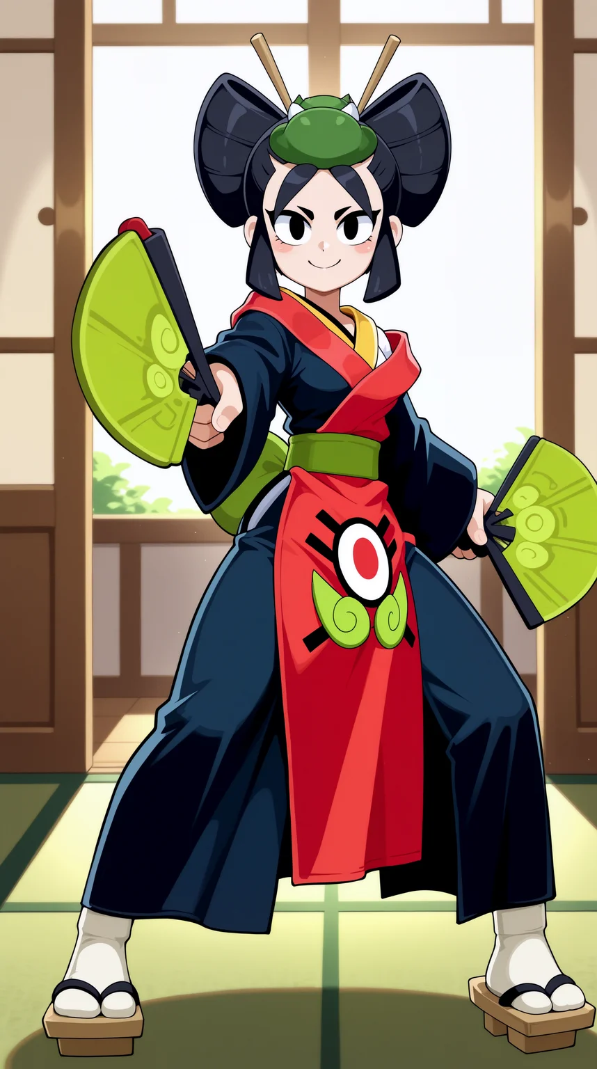 masterpiece, best quality, amazing quality, aesthetic, absurdres, best quality, 4k, upscale, indoors, (dynamic pose, fighting stance, foreshortening), kaze, solo, 1girl, black hair, japanese clothes, black eyes, smile, geta, dual wielding, hand fan, kimono, sandals, standing, apron, looking at viewer, hair stick, <lora:Kaze_IL:0.8>