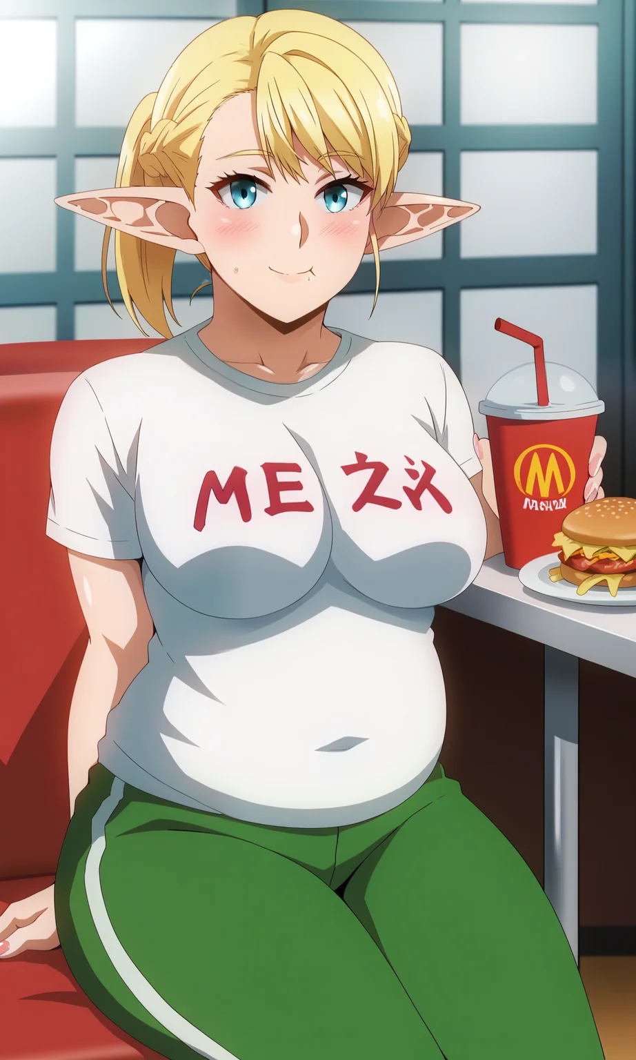 score_9, score_8_up, score_7_up, source_anime, zPDXL2, 1girl, solo, hara \(harayutaka\), BREAK
<lora:elfuda-pony:1>, elfuda_wz, blonde hair, pointy ears, elf, blue eyes, large breasts, french braid, long pointy ears, white shirt, t-shirt, short sleeves, track pants, green pants, plump, thick arms, thick thighs, fat rolls, big belly, clothes writing, fat, BREAK
sitting, restaurant, looking at viewer, french fries, eating, indoors, mcdonald's