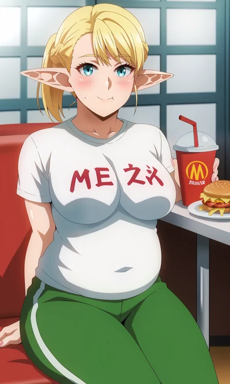 score_9, score_8_up, score_7_up, source_anime, zPDXL2, 1girl, solo,  hara \(harayutaka\), BREAK
 <lora:elfuda-pony:1>, elfuda_wz, blonde hair, pointy ears, elf, blue eyes, large breasts, french braid, long pointy ears, white shirt, t-shirt, short sleeves, track pants, green pants, plump, thick arms, thick thighs, fat rolls, big belly, clothes writing, fat,  BREAK
sitting, restaurant, looking at viewer, french fries, eating, indoors, mcdonald's