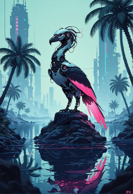 <lora:ck-nc-cyberpunk-IL-000011:1>, masterpiece, best quality, good quality, very aesthetic, absurdres, newest, 8K, depth of field, focused subject, cybernetic vulture, standing, at the edge of a shimmering oasis, surrounded by sleek metallic palm trees, pools of water glowing faintly under bioluminescent nanotech vegetation, In the distance, the towering skyline of a cybercity emerges through a haze, its neon lights reflecting on the rippling water. The vulture, perched on a rock, scans the landscape with glowing red eyes, its metal feathers glinting in the soft, refracted light of the oasis, in the style of cknc