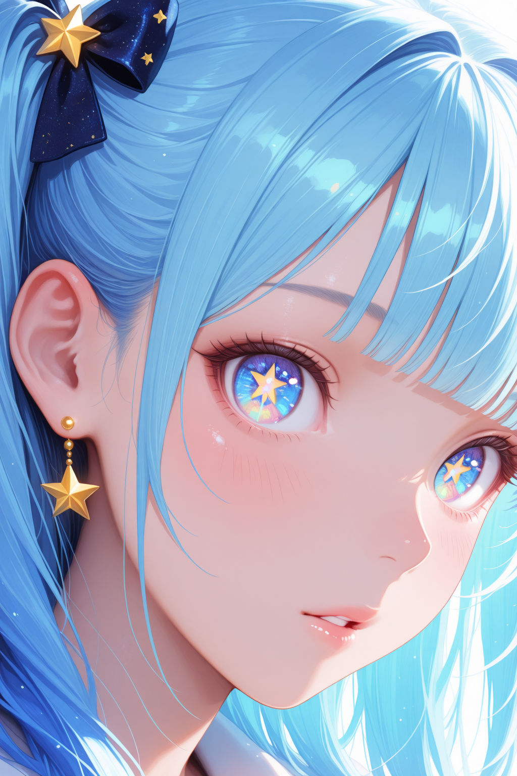 lazypos, (Perfect details), 1girl, solo, long hair, blue eyes, blue hair, multicolored eyes, looking at viewer, blush, parted lips, hair ornament, bow, jewelry, hair bow, earrings, blunt bangs, star \(symbol\), star-shaped pupils, symbol in eye, star in eye, close-up,portrait, eye focus, Colorful themes,High Saturation, haiz_ai, no lineart,no outline <lora:TrendCraft_The_Peoples_Style_Detailer-v1.0A-3_13_2025-illustrious:0.2>