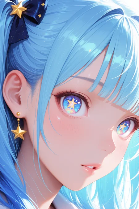 lazypos, (Perfect details), 1girl, solo, long hair, blue eyes, blue hair, multicolored eyes, looking at viewer, blush, parted lips, hair ornament, bow, jewelry, hair bow, earrings, blunt bangs, star \(symbol\), star-shaped pupils, symbol in eye, star in eye, close-up,portrait, eye focus, Colorful themes,High Saturation, haiz_ai, no lineart,no outline <lora:TrendCraft_The_Peoples_Style_Detailer-v1.0A-3_13_2025-illustrious:0.2>