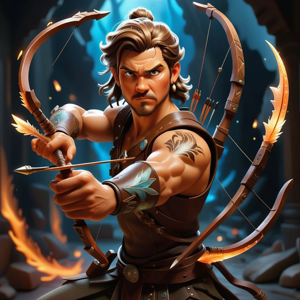 A fantastical and dynamic illustration depicts an intense moment where a male archer takes aim with an ornate bow. The warrior archer with glowing crytal scale on his chest, positioned on the right side of the frame, has metal buttons and tattoos high up on his arms. Her long hair is styled in two elegant buns at the back of her head. The archer's face is dramatically illuminated by the lighting coming from the left, emphasizing his focused expression as he holds the bow firmly in both hands. The wooden arch itself features detailed carvings along its body, extending diagonally across the image. An arrow with a feather on the back and a sharp stone on the end is ready to be shot. The background is immersed in fiery chaos, with swirling clouds of smoke and fire, floating embers and flying sparks. The scene is set against a dramatic backdrop of bright orange, yellow and brown hues, creating a sense of intense action and urgency. The overall style is highly detailed and realistic, capturing every aspect of the character's appeal and surrounding environment, with a color palette dominated by contrasting warm oranges, yellows, browns and deep blues .