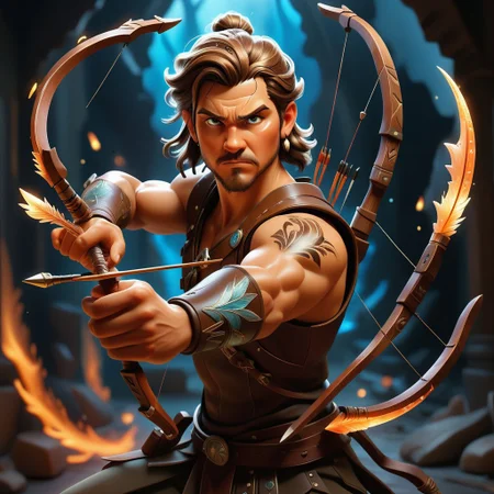 A fantastical and dynamic illustration depicts an intense moment where a male archer takes aim with an ornate bow. The warrior archer with glowing crytal scale on his chest, positioned on the right side of the frame, has metal buttons and tattoos high up on his arms. Her long hair is styled in two elegant buns at the back of her head. The archer's face is dramatically illuminated by the lighting coming from the left, emphasizing his focused expression as he holds the bow firmly in both hands. The wooden arch itself features detailed carvings along its body, extending diagonally across the image. An arrow with a feather on the back and a sharp stone on the end is ready to be shot. The background is immersed in fiery chaos, with swirling clouds of smoke and fire, floating embers and flying sparks. The scene is set against a dramatic backdrop of bright orange, yellow and brown hues, creating a sense of intense action and urgency. The overall style is highly detailed and realistic, capturing every aspect of the character's appeal and surrounding environment, with a color palette dominated by contrasting warm oranges, yellows, browns and deep blues .