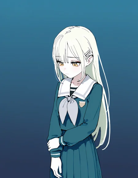 <lora:MyGo_IlluXL:0.8>, 1girl, solo, wakaba mutsumi, yellow eyes, platinum blonde hair, light green hair, hairclip, school uniform, blue serafuku, long sleeves, pleated skirt, blue skirt, white sailor collar, grey neckerchief, looking down, cowboy shot, gradient background, light blue background, grabbing own arm, expressionless, sad,, best quality,masterpiece,highres,[[tianliang_duohe_fangdongye,ningen_mame,ciloranko]], (fkey:0.6), (sushineko8:0.5),