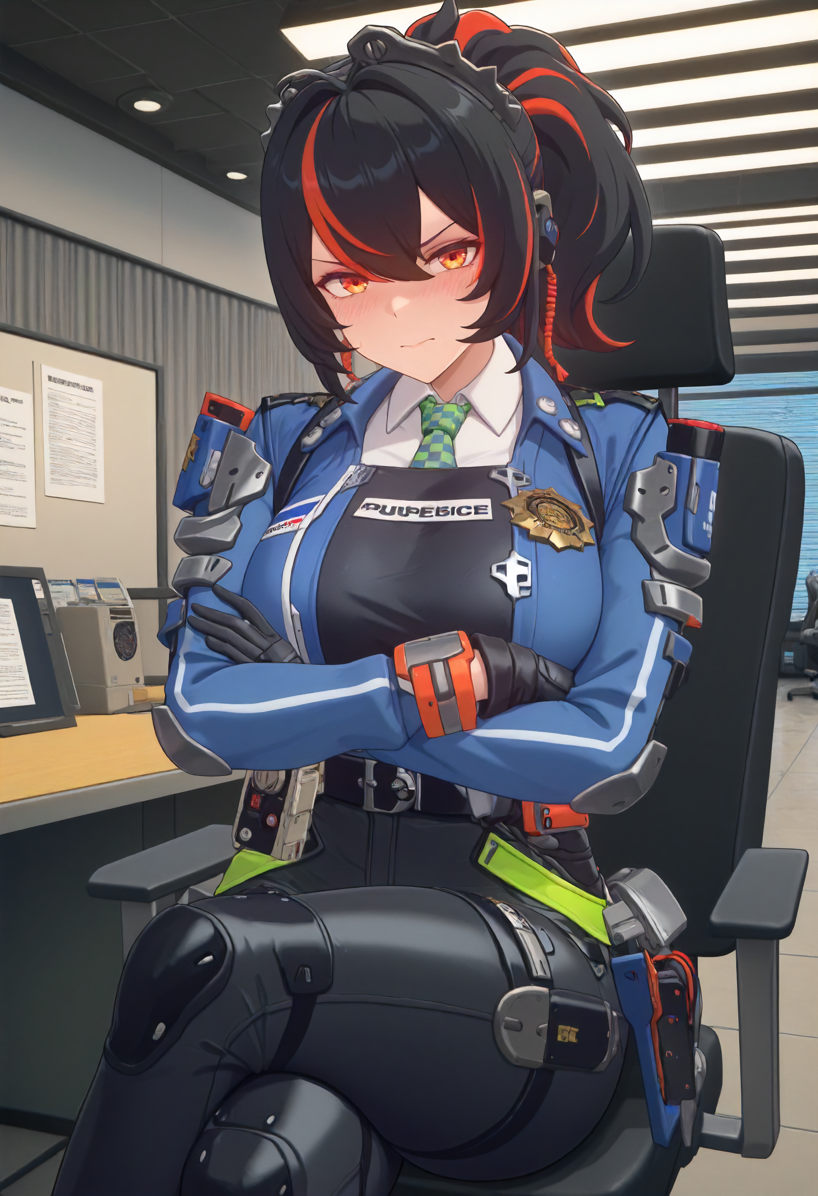 masterpiece, best quality, amazing quality, very aesthetic, absurdres, newest, scenery, volumetric lighting, perfect eyes, ultra detailed,
1girl, Zhu Yuan, solo, multicolored hair, black hair, red hair highlights, hair ornament, orange eyes, earphone, 
police uniform, checkered tie, black gloves, black pants, 
looking at viewer, sitting on chair, crossed legs,crossed arms, annoyed face, nervous face, shy face,
office, police office background, detailed background,
<lora:Zhu_Yuan_-_Zenless_Zone_Zero_ZZZ__Illustrious:0.8>
masterpiece, best quality, amazing quality, very aesthetic, absurdres, newest, scenery, volumetric lighting, perfect eyes, ultra detailed,