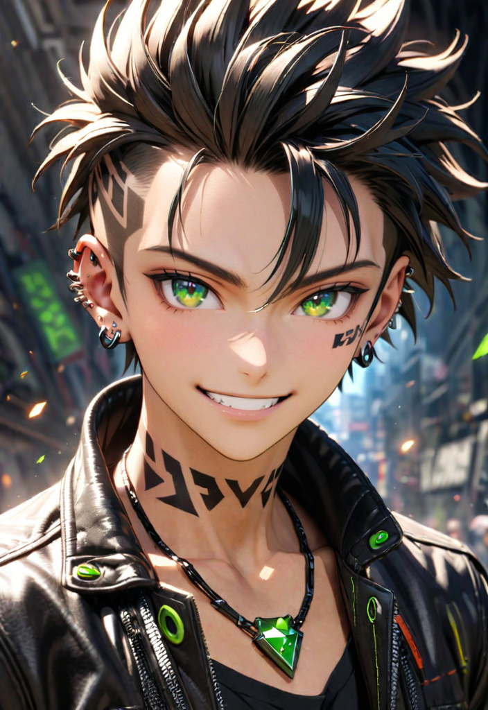 <lora:OMG-Is-DucHaiten_v1.0:1>, i want the whole image to be created in 3D anime style, solo, looking at viewer, smile, short hair, shirt, black hair, 1boy, jewelry, green eyes, jacket, upper body, male focus, earrings, teeth, dark skin, necklace, grin, black jacket, tattoo, piercing, dark-skinned male, gem, ear piercing, portrait, undercut, neck tattoo